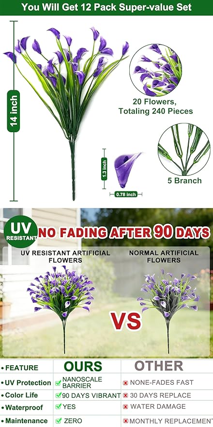 TURNMEON 12 Bundles Calla Lily (240 Heads) Artificial Flowers for Outdoors, Fake Plants UV Resistant Faux Plastic Fake Flowers for Indoor Planter Home Porch Yards Spring Summer Cemetery Decor(Purple)