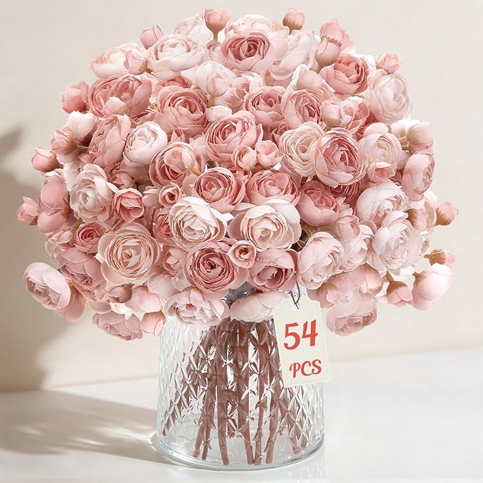 Alupssuc 54Pcs Ranunculus Artificial Flowers Faux Silk Mini Ranunculus, Spring Flowers Artificial Indoor for DIY Bouquets, Bulk Fake Wedding Filler Flowers for Bride Shower Decorations, Dusty Rose