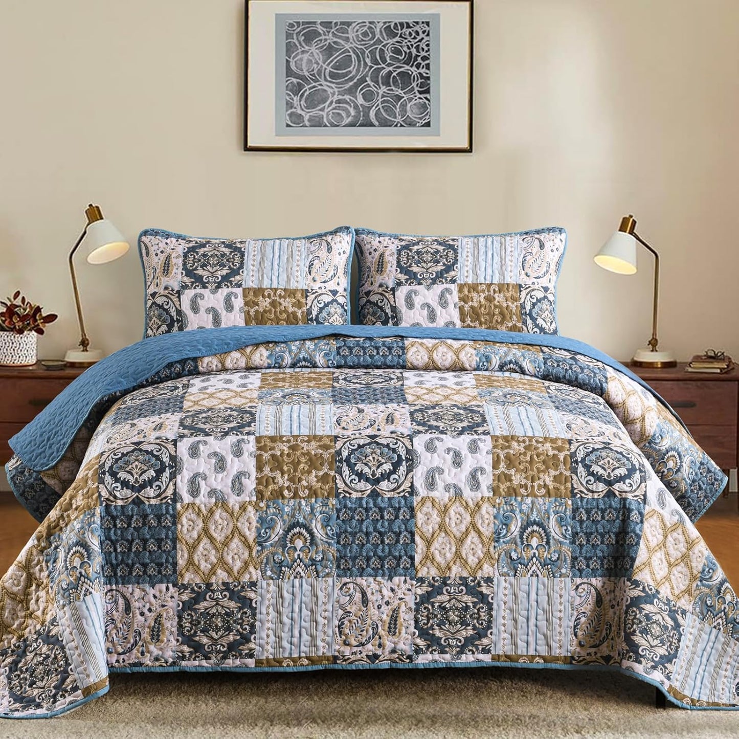 WONGS BEDDING Boho Quilt Set King Size, Blue Patchwork Plaid Bedspread Bedding Sets Paisley Soft Microfiber Quilts for King Bed 3 Pieces Coverlet Set for All Season (104"x90")