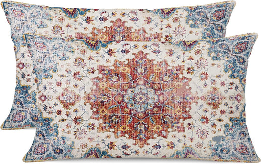 Outdoor Waterproof Pillow Set of 2 - 12 X 20 Inch Blue Orange Bohemian Vintage Carpet Pattern Ethnic Design Decorative Farmhouse Pillow Covers for Couch Garden Balcony