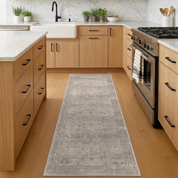 TALANOVA Bathroom Runner Rug 2x6, Washable Non Slip, Soft Stain Resistant for Kitchen, Hallway & Laundry Room, Greige, Warm Grey Granite, Vintage Mineral Geometric, Modern Farmhouse Rustic