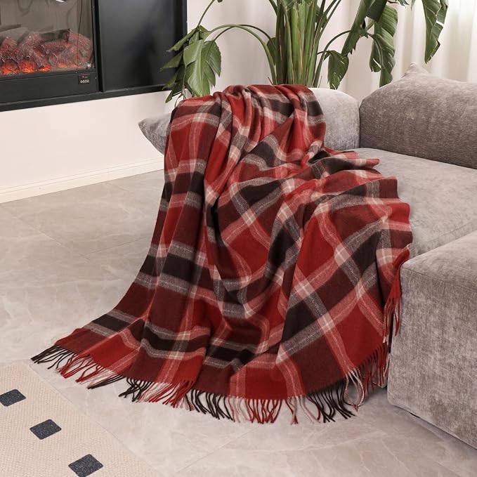 Woolly Throw Pure Wool Blanket - Large 55x83 inches, 1.5 lbs,Wool Fringed Knee Throw Blanket for Couch Bed Outdoor Travel,Soft Lightweight Breathable Blanket for All Season,Buffalo Plaid