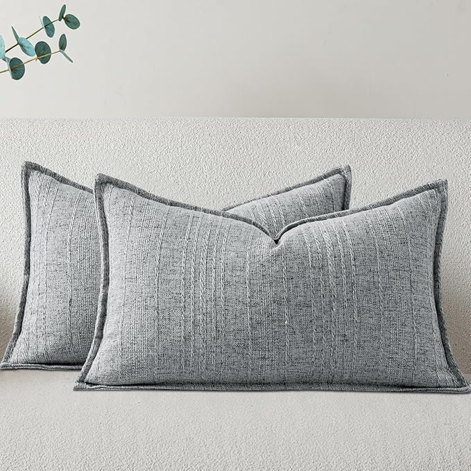 a moment Linen Pillow Covers Set of 2,Boho Farmhouse Throw Pillowcases Neutral Textured Decorative Covers for Couch Sofa,Soft Linen Blend Accent Case Cushion Living Room Home Decor 20"x12"Sky Gray