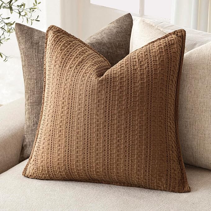 Foindtower Set of 2 Decorative Cotton Waffle Weave Throw Pillow Covers Euro Shams Cushion Covers Accent European Pillowcase for Bed Couch Sofa Bedroom Living Room Home Decor 26×26 Inch Orange Brown