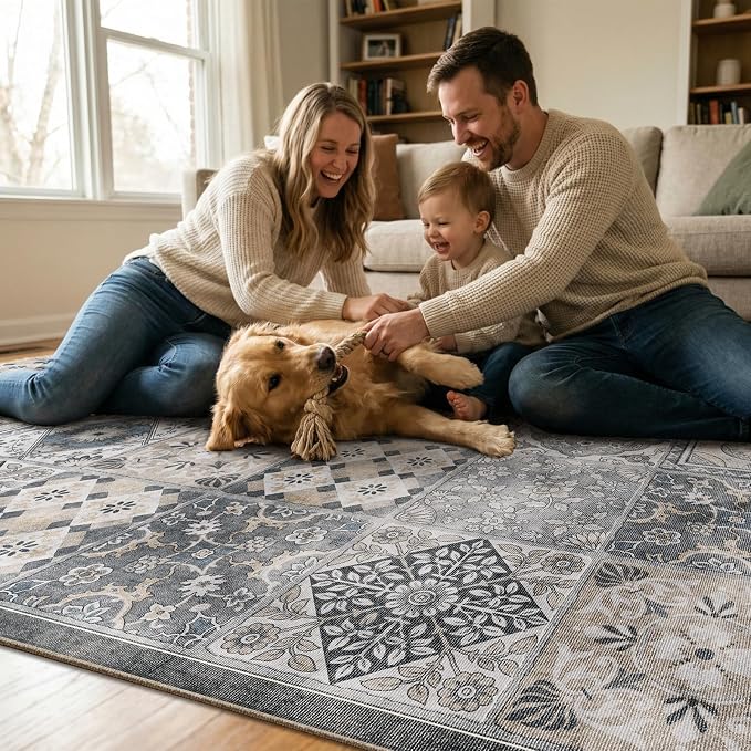 Washable Entryway Rug 3'x5 Non-Slip Backing Vintage Indoor Rug Low Pile Lighrweight Carpet for High-Traffic Indoor Entrance & Kitchen Farmhouse Decor