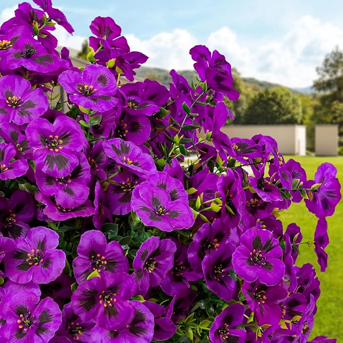 24 Pcs Artificial Fake Pansy Flowers for Outdoor,Faux Silk Plants Flowers UV Resistant Pansies Spring Flowers for Planter Front Door Porch Yard Patio garden Window Box Home Decor(Light Purple)