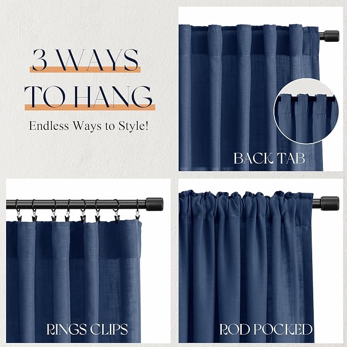 Jowels Denim Blue Linen Curtains 84 Inch Long 2 Panels for Living Room | Light Filtering Semi Sheer Curtain, Back Tab Pocket Pleated Look, Boho Farmhouse Textured Privacy Drapes for Bedroom Window