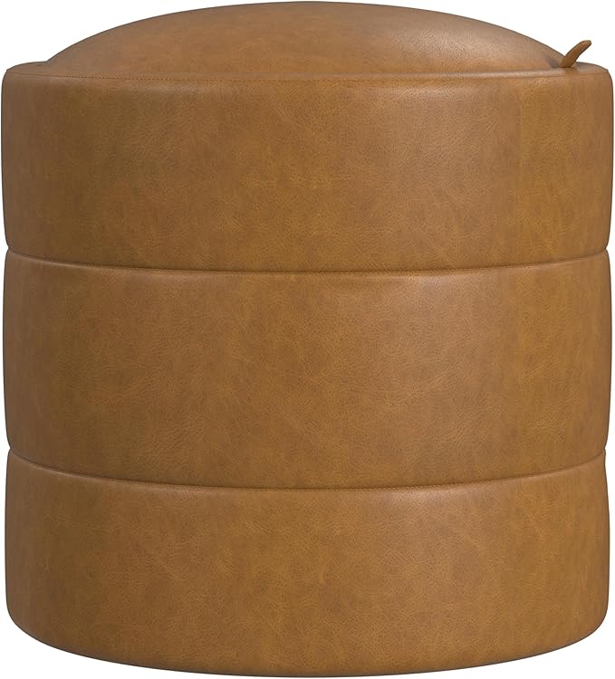 HomePop Storage Round Ottoman with Removable Lid |Homepop Home Décor|Upholstered Round Velvet Foot Rest Ottoman - Carmel Faux Leather