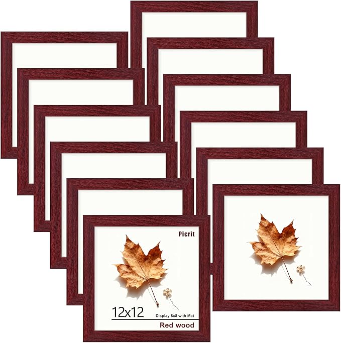 Picrit 12x12 Picture Frame Set of 12, Display 8x8 with Mat or 12 x 12 without Mat, Photo Frames for Wall Mounting Display, Dark Red Wood