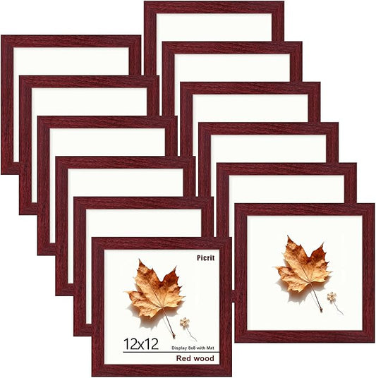 Picrit 12x12 Picture Frame Set of 12, Display 8x8 with Mat or 12 x 12 without Mat, Photo Frames for Wall Mounting Display, Dark Red Wood