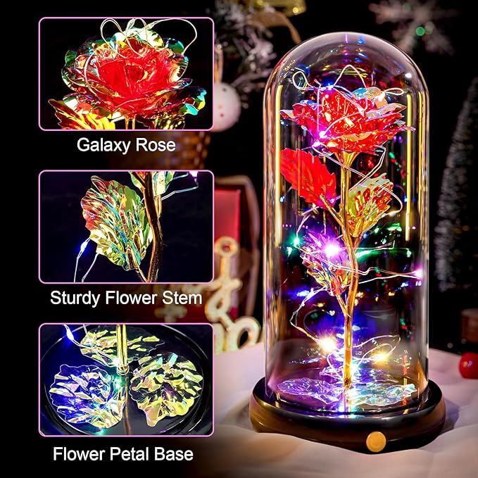 Mothers Day Flowers Gifts for Mom Women Birthday Gift, Rechargeable Galaxy Glass Rose in Glass Dome Forever Crystal Rose Flowers Mother's Day Roses Gifts for Mom Daughter Wife Women Grandma Sister Red