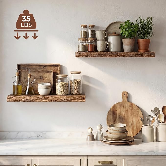 Dreamland 24 Inches Floating Shelves for Wall,9.3" Deep Long Floating Shelves Set of 2,Large Display & Storage Shelf,Wall Shelf for Bathroom Bedroom Living Room Kitchen Office,Rustic Brown