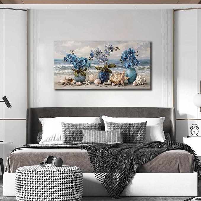 AOZEMI Large Beach Wall Art Blue Wall Decor Floral Canvas Art Coastal Seascape Ocean Pictures Flower Vase Poster Starfish Conch Shell Print Art for Bedroom Bathroom Living Room Office 24"x 48"