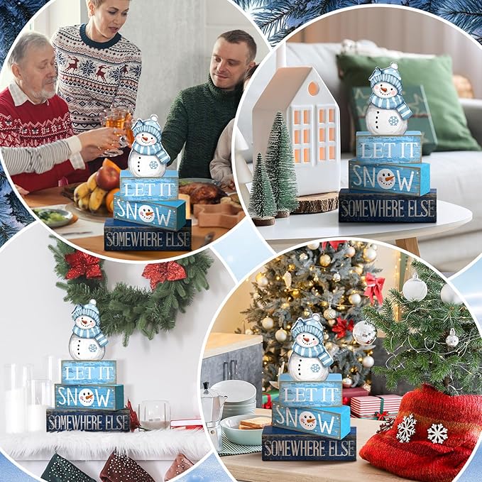 Lineshading 4 Pcs Winter Table Decorations Wooden Snowman Blue and White Winter Tiered Tray Decor Christmas Centerpiece Rustic Decorative Snowman Block Sign Gift for Wonderland Party Home Kitchen