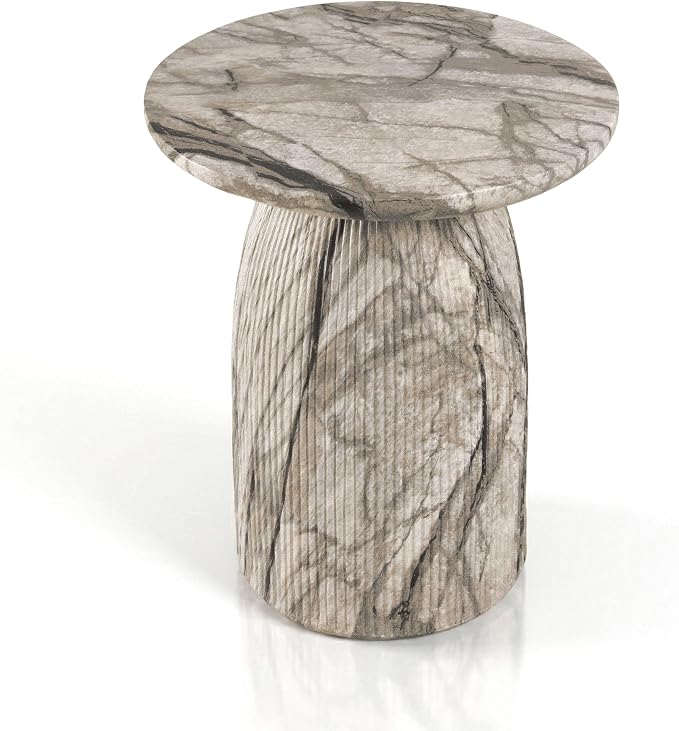 24/7 Shop at Home Ranera Modern 17-inch Natural Stone Side Table with Round Pedestal Base, Marble Nightstand, Fluted Patio End Table, for Living Room, Covered Outdoor Spaces, Ivory Gray Marble