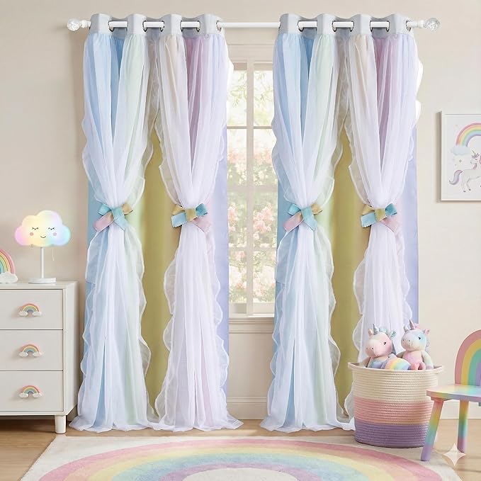 PONY DANCE Girls Curtains for Bedroom Decorative Drapes, Gradient Double Layer Curtain Ruffle Sheer Overlay Room Darkening Pretty Chic Princess, 52x84 inch, Rainbow, 2 PCs