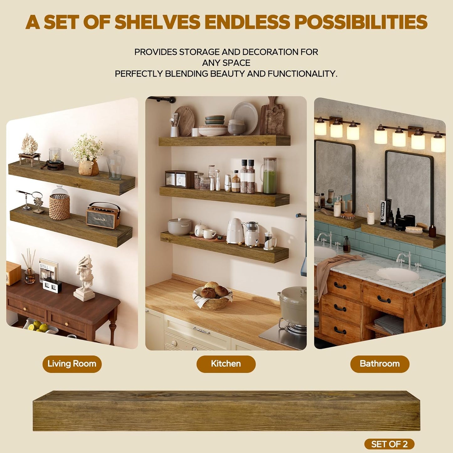 Floating Shelves 3 inch Thick for Wall Set of 2,Solid Pine Wood Wall Mount Shelf for Kitchen Living Room Bedroom Bathroom,8" D x 36" L x 3" H-Black Walnut