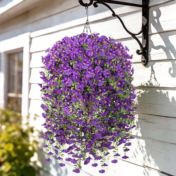 Artificial Hanging Flowers with Basket, 480 Blooms UV Resistant Faux Morning Glory Silk Plants, Fast & Easy Assembly Fake Hanging Baskets for Outdoor Porch Patio Garden Decor, Purple