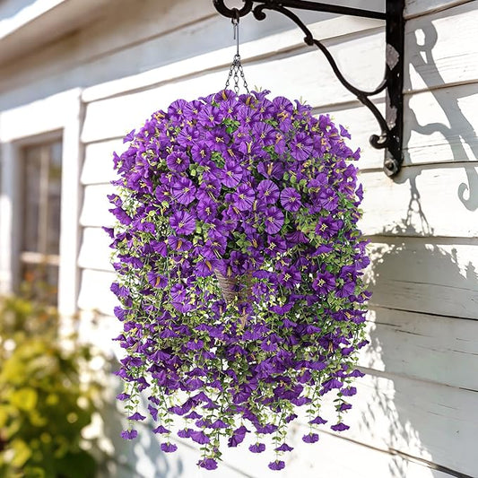 Artificial Hanging Flowers with Basket, 480 Blooms UV Resistant Faux Morning Glory Silk Plants, Fast & Easy Assembly Fake Hanging Baskets for Outdoor Porch Patio Garden Decor, Purple
