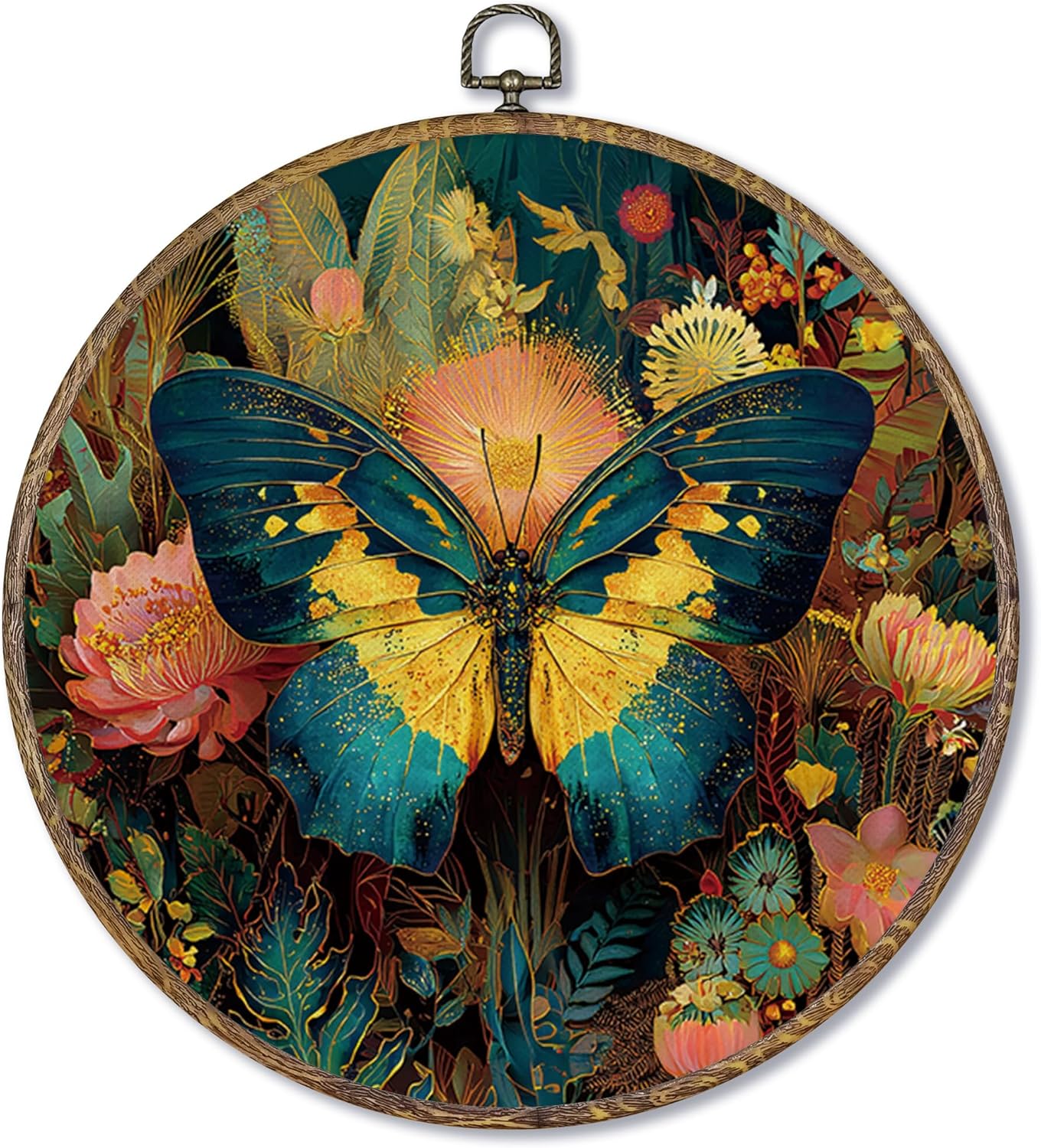 Fewgb Vintage Moody Butterfly Round Wall Art Decor Framed for Bedroom Living Room Bathroom, Dark Cottagecore Academia Canvas Wall Art Prints Picture, Gothic Hanging Room Decor Artwork 10x10