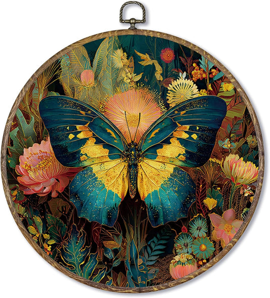 Fewgb Vintage Moody Butterfly Round Wall Art Decor Framed for Bedroom Living Room Bathroom, Dark Cottagecore Academia Canvas Wall Art Prints Picture, Gothic Hanging Room Decor Artwork 10x10