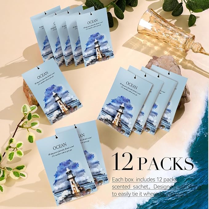 Ocean Scented Sachet Bags - 12 Pack Drawer & Closet Freshener, Long Lasting Odor Eliminator for Wardrobes, Cars & Storage, Home Fragrance Air Freshener Sachets