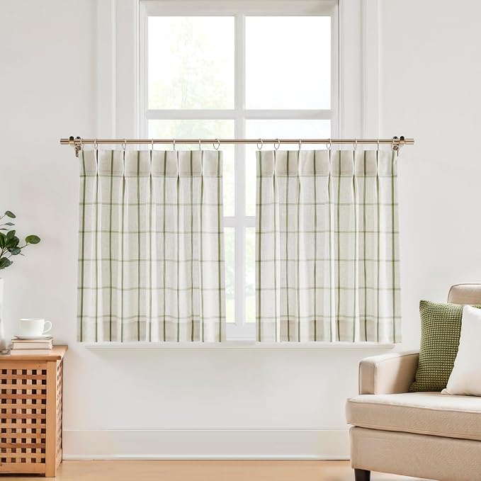 Vision Home Sage Green Plaid Linen Pinch Pleated Tier Curtains 36 inch, Checkered Semi Sheer Kitchen Curtains with Back Tab Hooks, Light Filtering Small Window Panels for Bathroom Laundry, 25"Wx36"Lx2