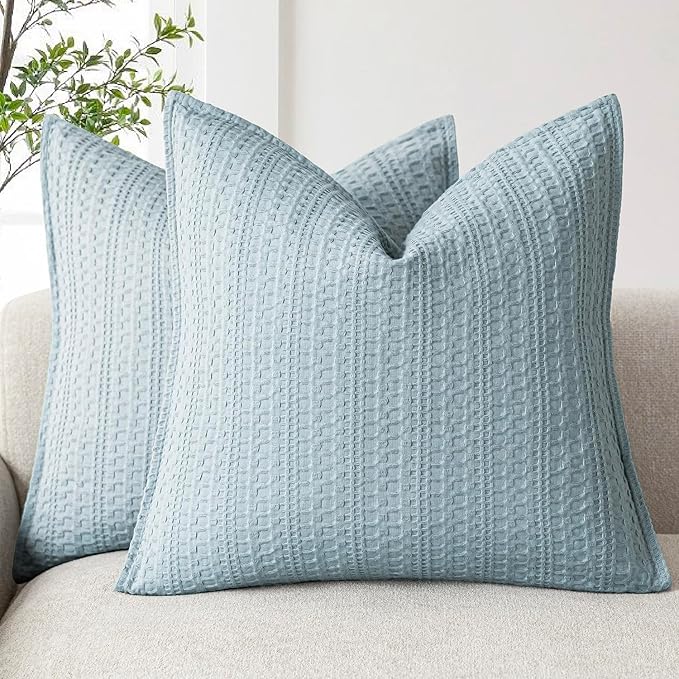 Foindtower Set of 2 Decorative Cotton Waffle Weave Throw Pillow Covers Euro Shams Cushion Covers Accent European Pillowcase for Bed Couch Sofa Bedroom Living Room Home Decor 22×22 Inch Light Blue