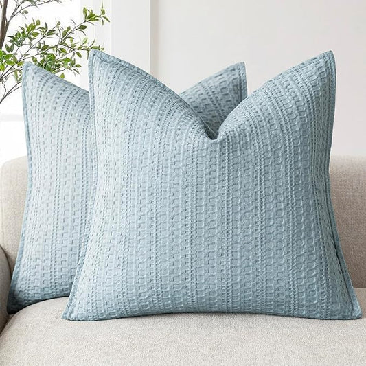 Foindtower Set of 2 Decorative Cotton Waffle Weave Throw Pillow Covers Euro Shams Cushion Covers Accent European Pillowcase for Bed Couch Sofa Bedroom Living Room Home Decor 22×22 Inch Light Blue