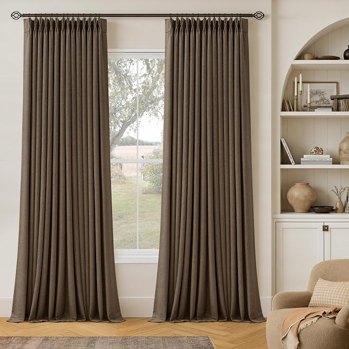 Dutch Cocoa 105 Inch Long Blackout Curtains Brown Thick Linen Pinch Pleated Curtains 2 Panels for Bedroom Living Room Darkening Light Blocking Pinch Pleat Back Tab 105 Inch Window Drapes Brown