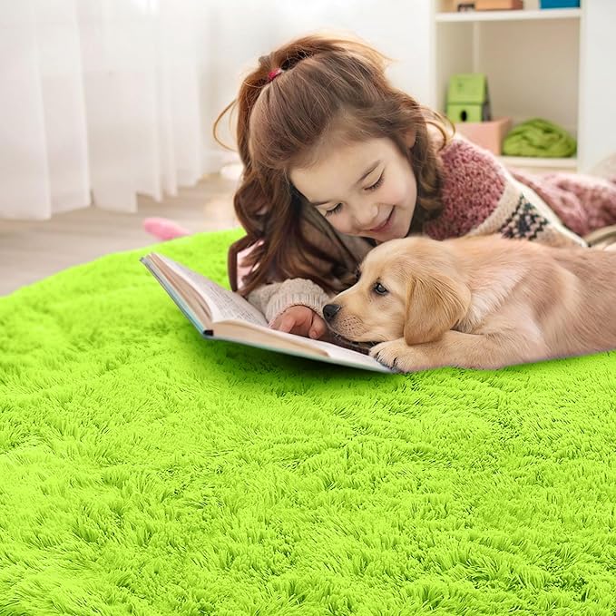 OLANLY Lime Green Round Rugs for Bedroom - Machine Washable, 4 ft Circle Area Rugs for Living Room, Soft and Fluffy Shaggy Carpet for Teen Girl and Boys, Nursery Rooms, Dorms, Home Decor Aesthetic
