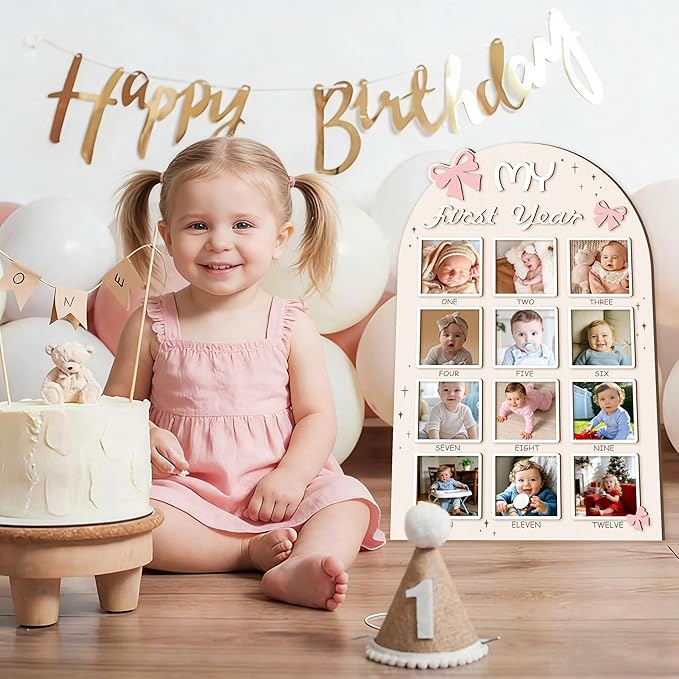 Aukolass Bow One Year of Photo Board, My First Year Photo Photo Board 12 Monthly Milestones Picture Frame for Baby Girl 1st Birthday Decorations (pink, 4" x 4")