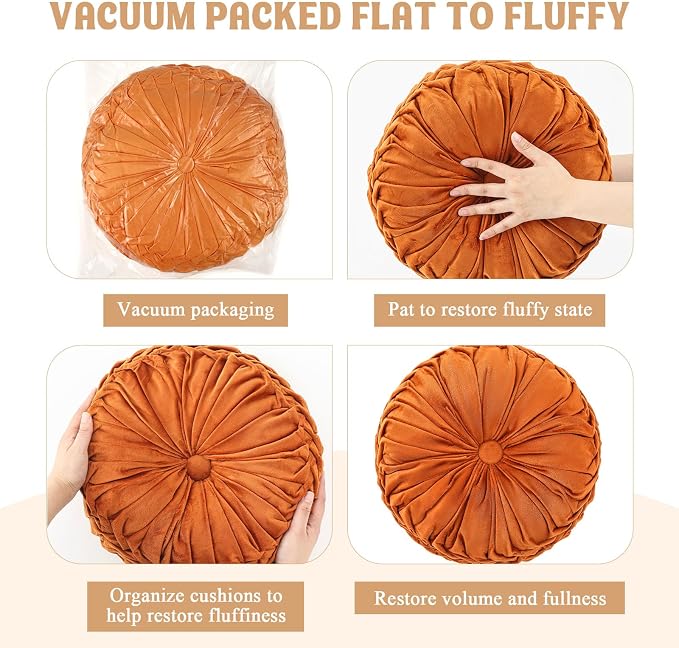Drydiet 1 Pcs Round Throw Velvet Pillows Decorative Pleated Throw Pillows Diameter Accent Pumpkin Boho Chair Cushion for Couch Sofa Home Decoration (Brunt Orange,15'')