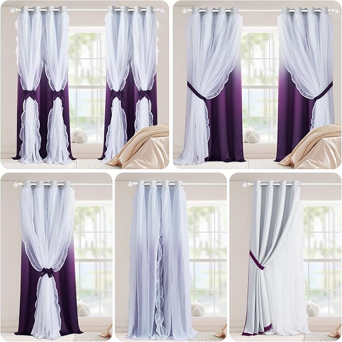PONY DANCE Blackout Curtains for Living Room Decor Window Treatment Double Layer Drapes Ruffle Sheer Overlay,Moody Curtains, W 52 x L 84 Inches, Ombre-Purple, 2 Panels