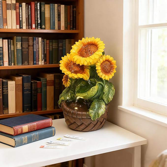 Tabletop Water Fountain Indoor Themed Sunflower Fountain Indoor Table Top Waterfall Desk Decor for Home Meditation Relaxation(Sun)