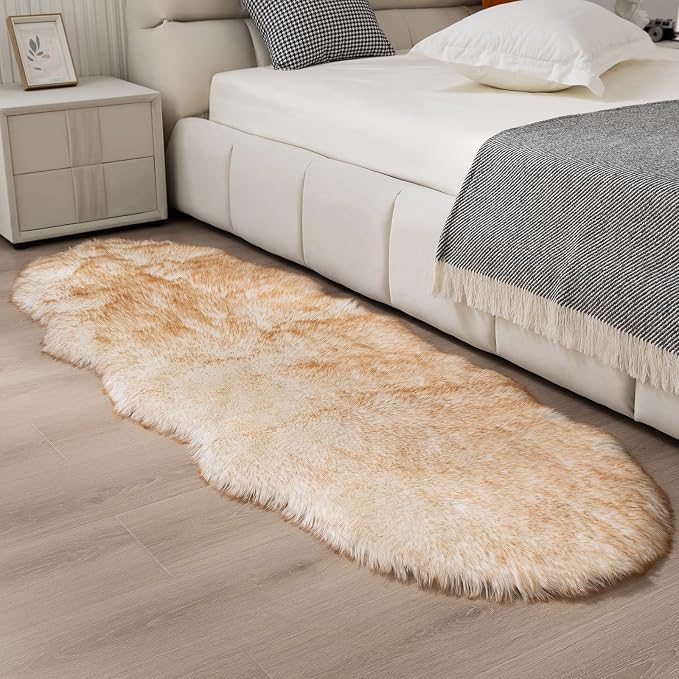 Faux Fur Sheepskin Runner Rug White Yellow 2x6 ft Ultra Soft Shaggy Plush Fluffy Fuzzy Area Carpet Decorative Chair Cover Floor Mat for Bedroom Sofa Living Room Bedside