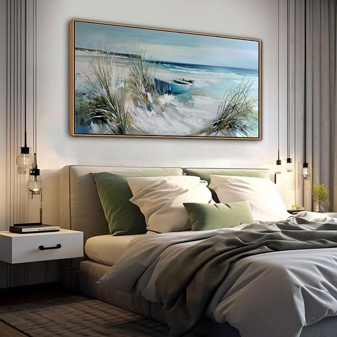 YDYSUNE Blue and White Coastal Wall Art Framed Canvas picture - Beach Ocean Seascape Scenery Painting Artwork for Living Room,Bedroom Decoration Ready to Hang 20x40 Inches