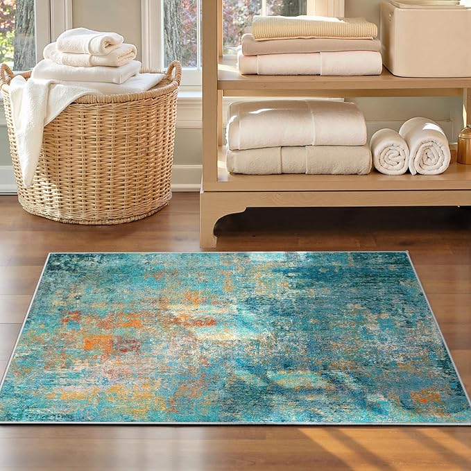 RELEANY Washable Area Rugs 2'x3' Non-Slip Modern Abstract Soft for Living Room Entryway Bedroom Nursery, Print Pattern, Teal Blue Green Orange Rust Red Coloreful
