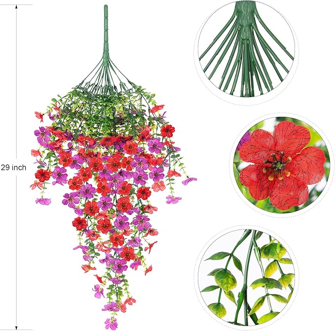 Ammyoo Artificial Hanging Flowers for Outdoors Fake Plants Decoration, 2 Packs Faux Silk Daisy Flower Realistic Outdoor Flowers UV Resistant Porch Patio Window Yard Indoor Spring Decor(Red Purple)