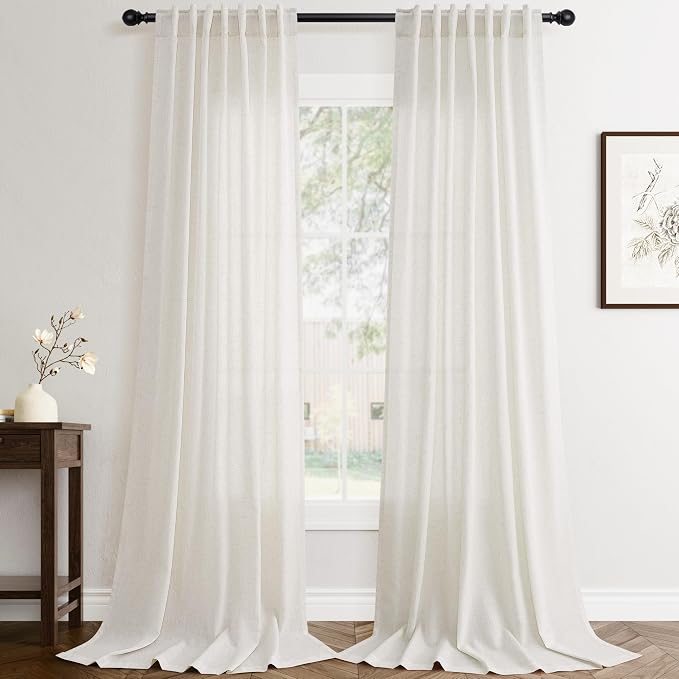Jowels Birch Linen Curtains 96 Inch Long 2 Panels for Living Room | Natural Light Filtering Sheer Curtain,Back Tab Pocket Pleated Look,Boho Farmhouse Textured Privacy Drapes for Bedroom Window