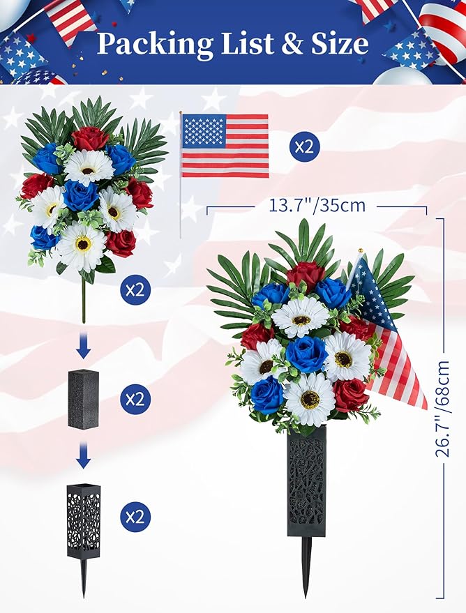 Memorial Day Flowers for Cemetery: 2 Pcs Outdoor Grave 250th Anniversary USA Decorations - Artificial Patriotic Cemetery Flowers for Grave - Red White Blue Roses with American Flags Vase