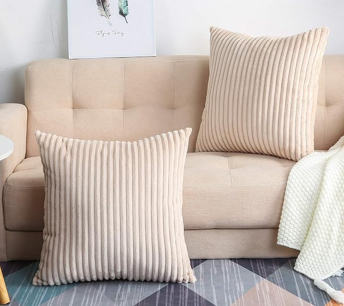 TangDepot Velvet Big Corduroy Pillow Covers 12x12 Beige 2-Pack | Soft wide-stripe corduroy pillow cover, hidden zipper, machine washable, easy refresh, for bedroom living room indoor outdoor