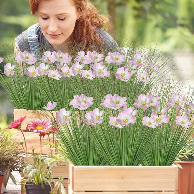 24 Bundles Artificial Flowers for Outdoors Onion Grass UV Resistant Greenery Stems Weed Artificial Fake Shrubs Grass Plant with Flowers Bushes Decoration for Indoor Outdoor Garden Office Home