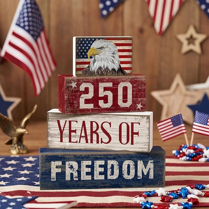 4 Pcs 250th Anniversary 4th of July Decorations USA Patriotic Memorial Day Tabletop Decorations Eagle Red White Blue Table Centerpieces American Flag Sign for Office Tiered Tray Home Shelf Party