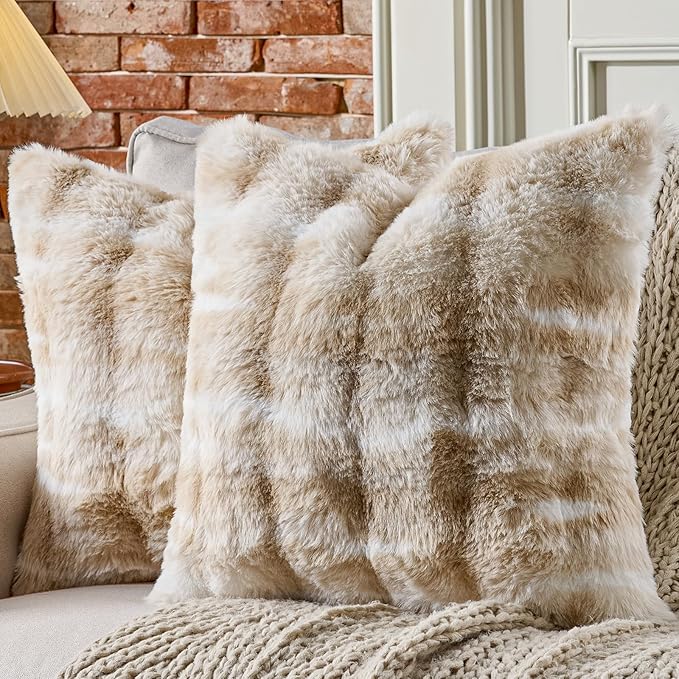 AmHoo Pack of 2 Throw Pillow Covers 3D Dense Faux Rabbit Fur Cozy Super Soft Fuzzy Set Case Cushion for Couch Sofa Bedroom 20 x 20-Inch Beige White