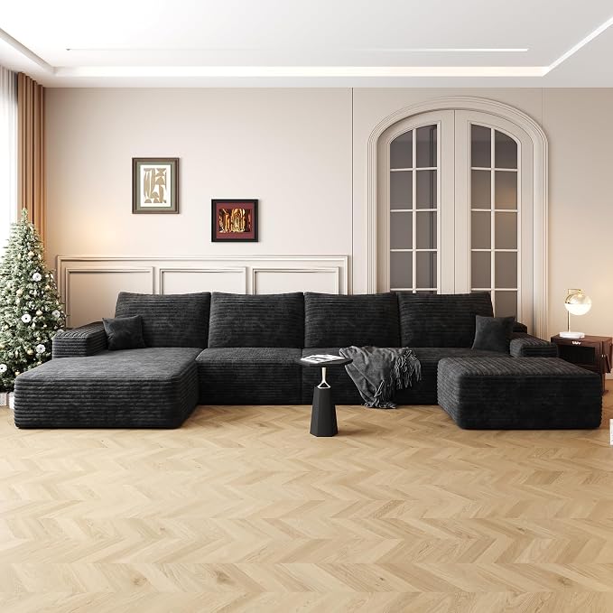 135" U Shaped Sectional Couch with Ottoman, Large Sectional Couches for Living Room, Plush Corduroy Convertible Sleeper Sofa, Compressed Foam Sofa in a Box No Assembly, Left Facing Chaise, Black