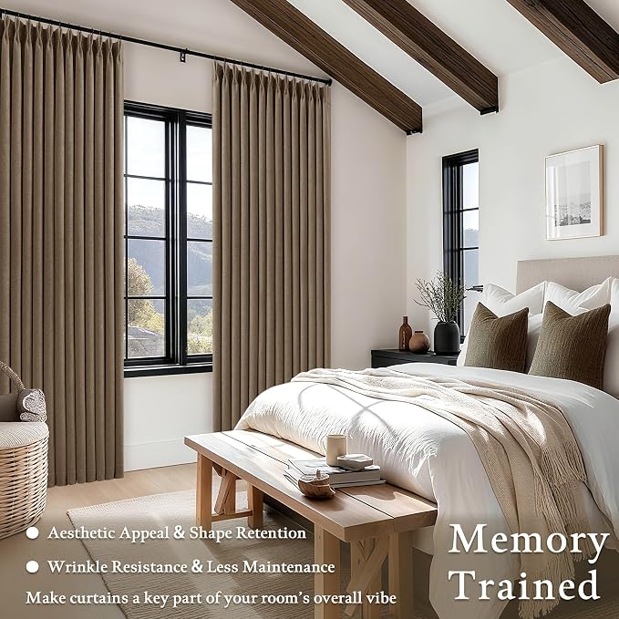 80 Inch Pinch Pleated Linen Blackout Curtains 2 Panels Set for Living Room 100% Black Out Window Curtains 80 Inches Long Pinch Pleat Dual Layer Drapes Drapes for Bedroom Office Dining Room Latte