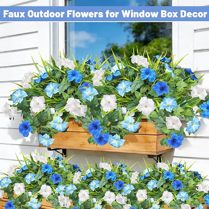 Artificial Flowers Plants for Outdoors, 6PCS UV Resistant Faux Flowers Outdoor Plants, Fake Petunias Silk Flowers for Garden Balcony Yard Porch Decor (White Blue)