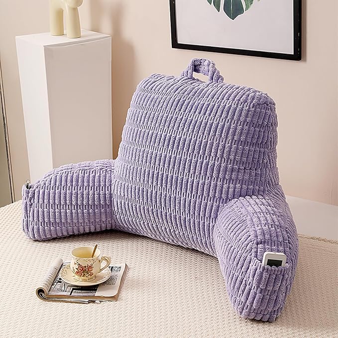 Reading Pillow for Sitting in Bed with Arm,Purple Corduroy,M | Sitting Pillow for Teens Back Support,17" Backrest Pillow Supports Reading,Gaming & Relaxing in Bed,Couch,or Floor