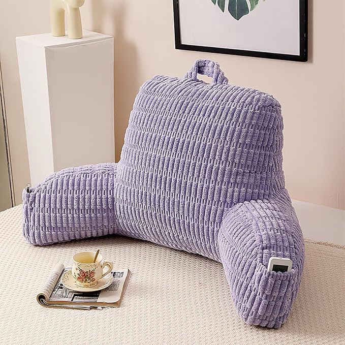 Large Reading Pillow for Sitting Up with Arms,Purple Corduroy | Back Pillow for Adults Backrest,19" Sitting Pillow Supports Reading,Gaming & Relaxing in Bed,Couch,Floor Corners